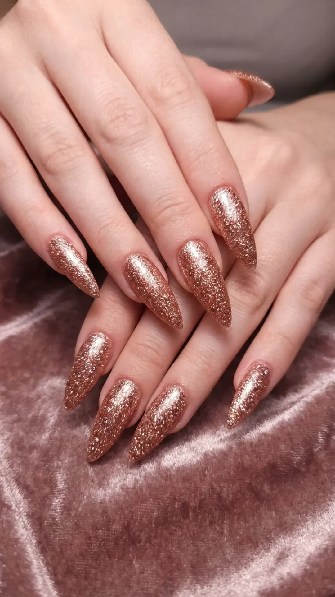 Rose gold glitter stiletto nails with warm shimmering sparkle