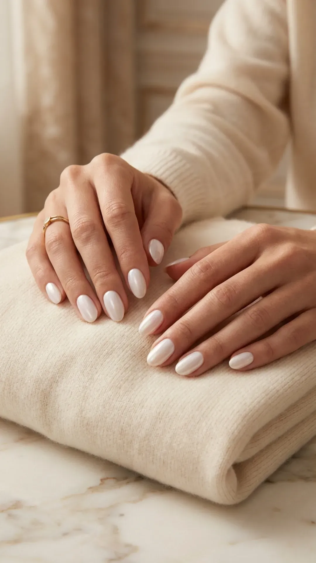 Sheer milky nails with a frosted pearl chrome glaze VANSWEG.COM