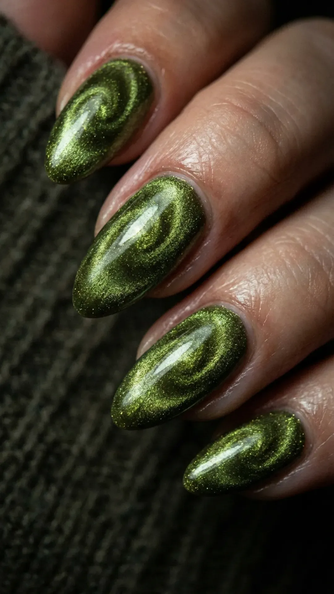 Textured magnetic olive green velvet gel nails VANSWEG.COM