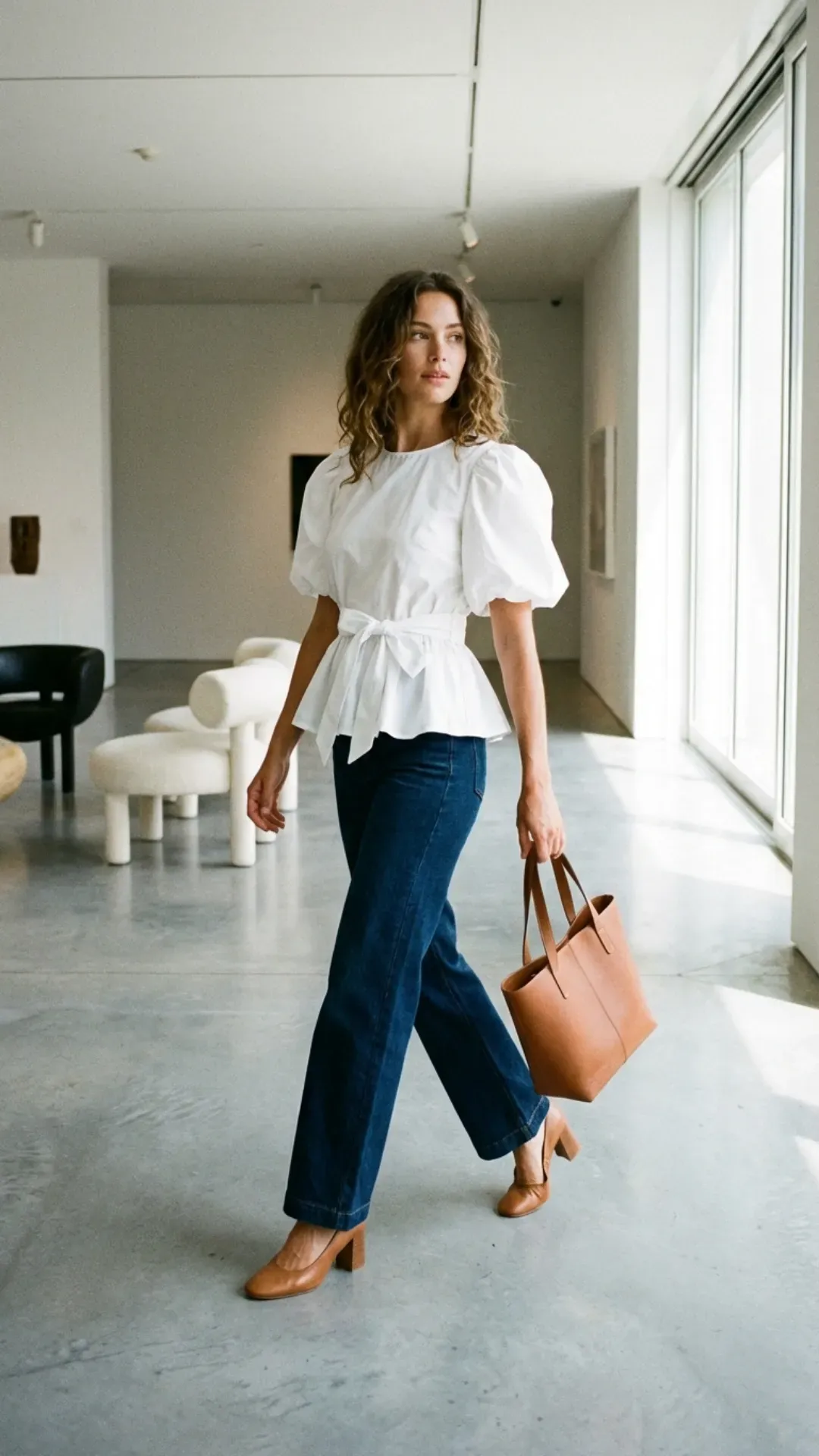 White peplum top and wide-leg jeans for a chic, flattering outfit