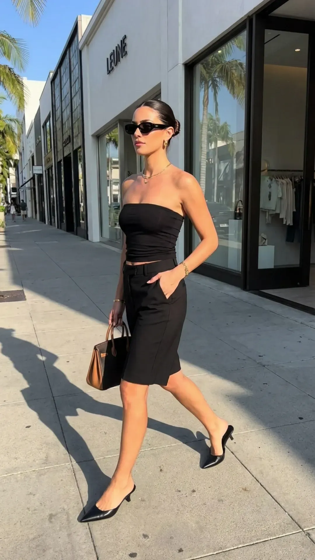 Tailored Bermuda shorts and a strapless top for an elegant outfit idea.