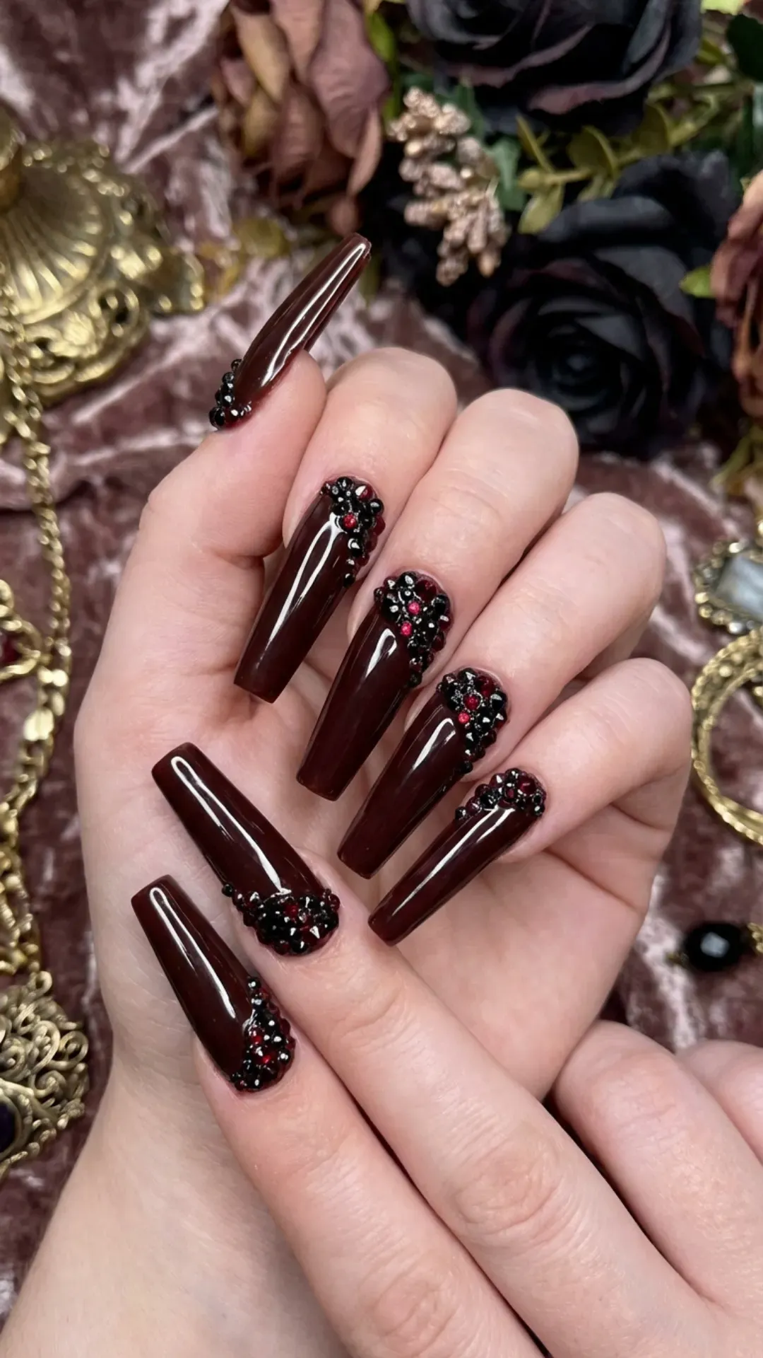 Long cherry mocha coffin nails decorated with dark rhinestones VANSWEG.COM