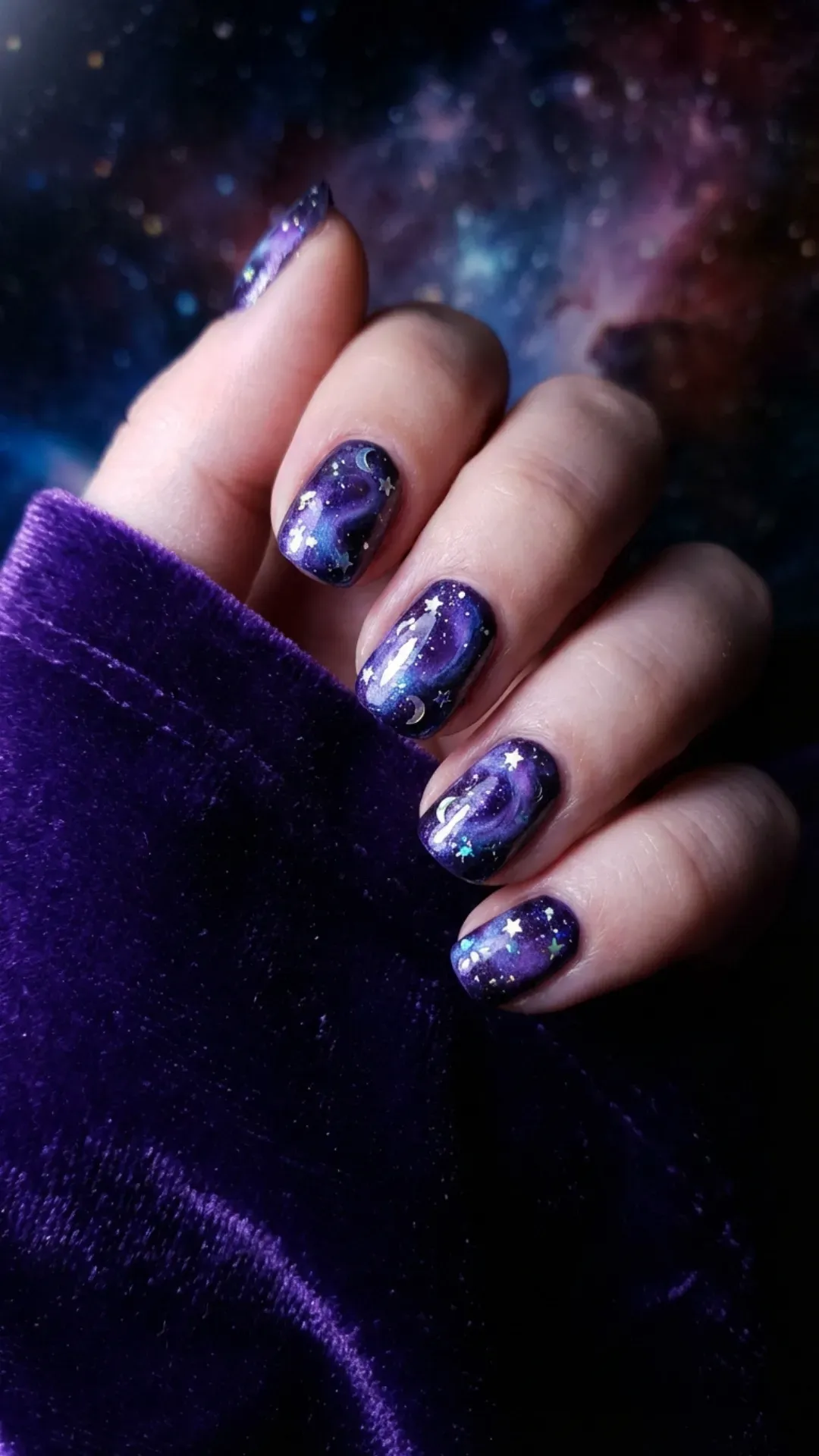 Dark purple and blue galaxy prom nails with star glitter, cosmic manicure