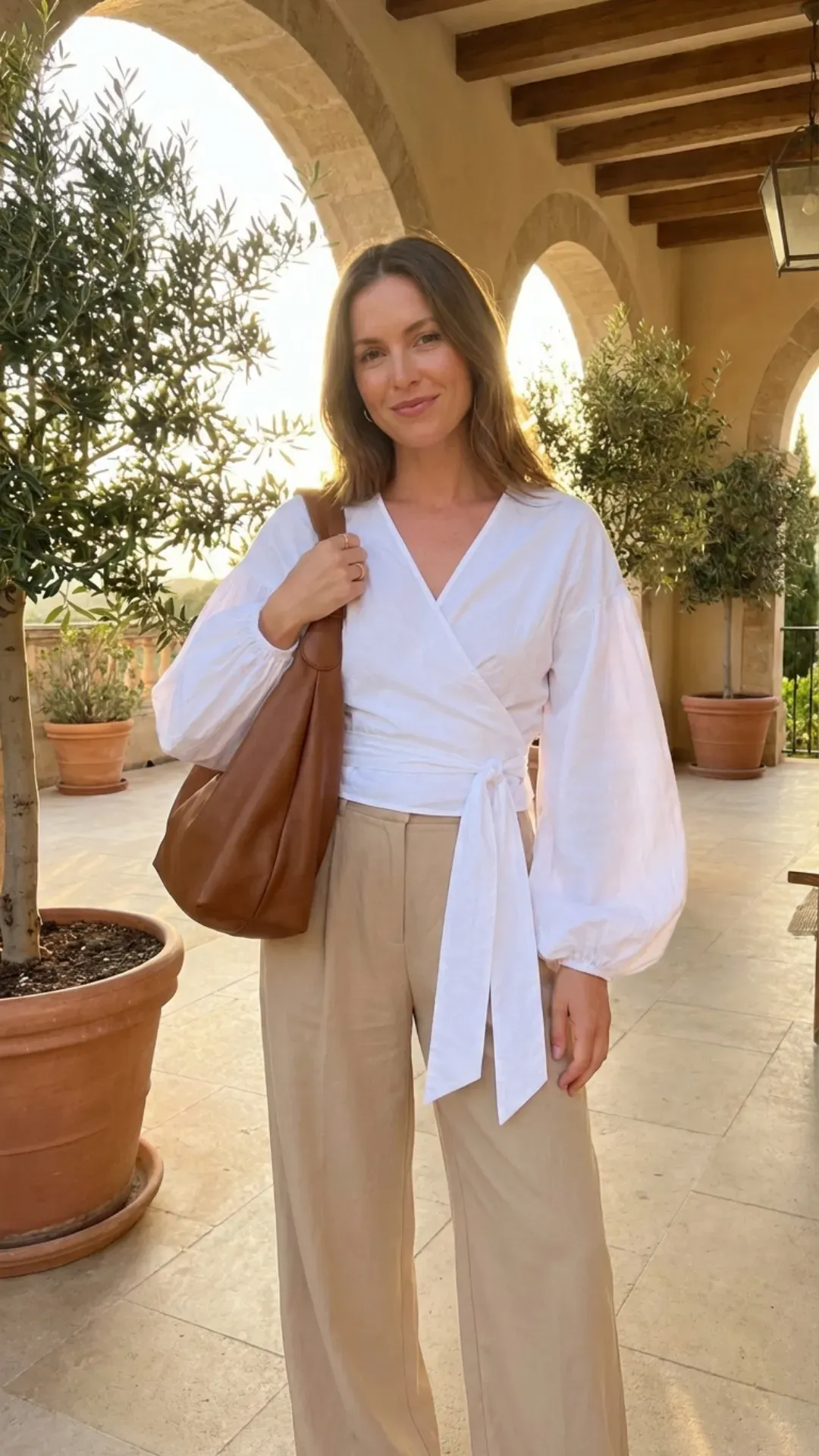 White wrap top and beige wide-leg trousers for a soft casual outfit