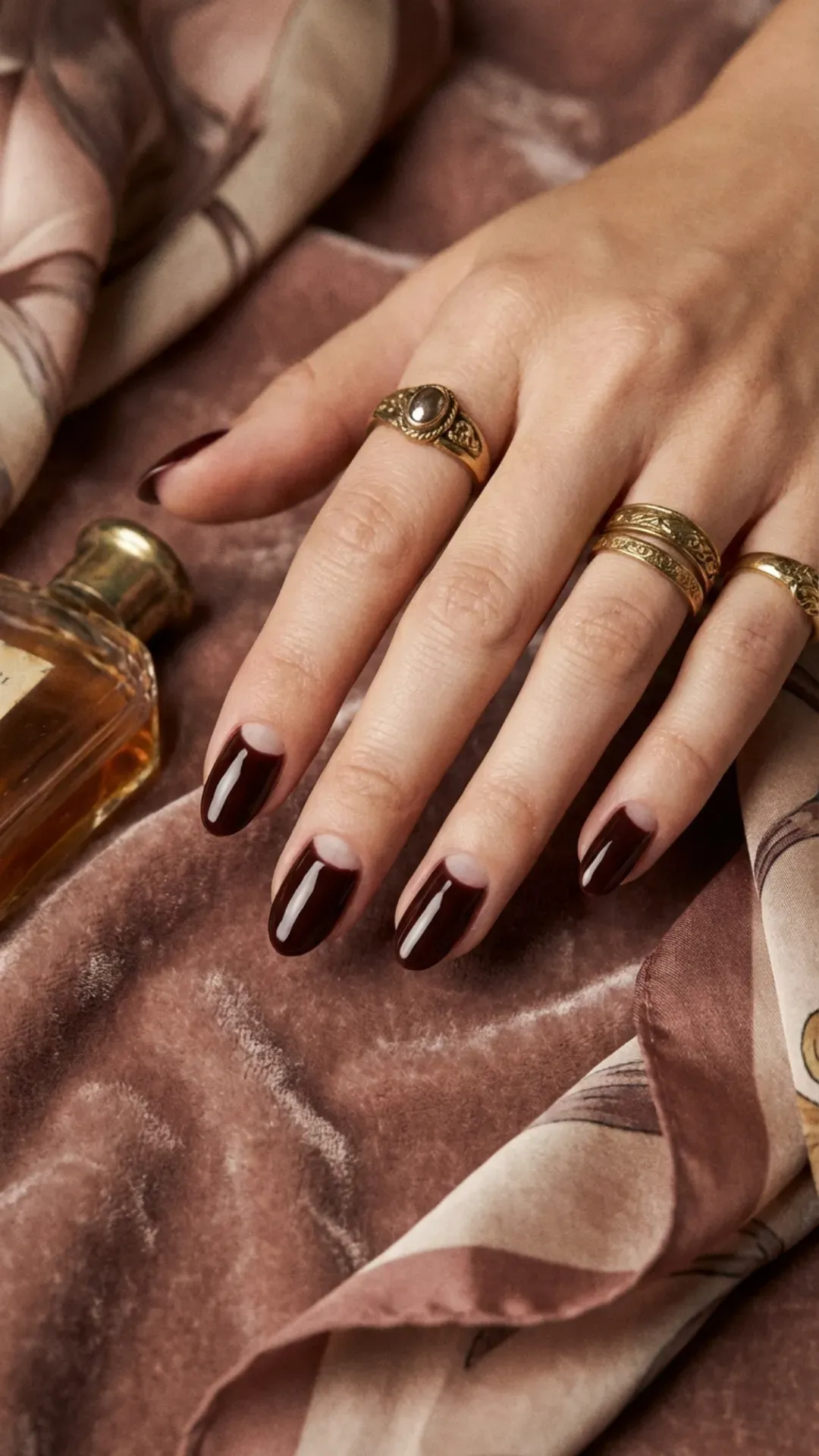 Vintage-inspired cherry mocha half-moon cutout manicure VANSWEG.COM