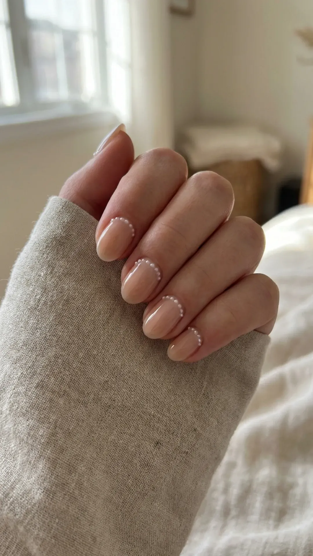 sheer nude oval nails with micro-pearls along the cuticle by VANSWEG.COM
