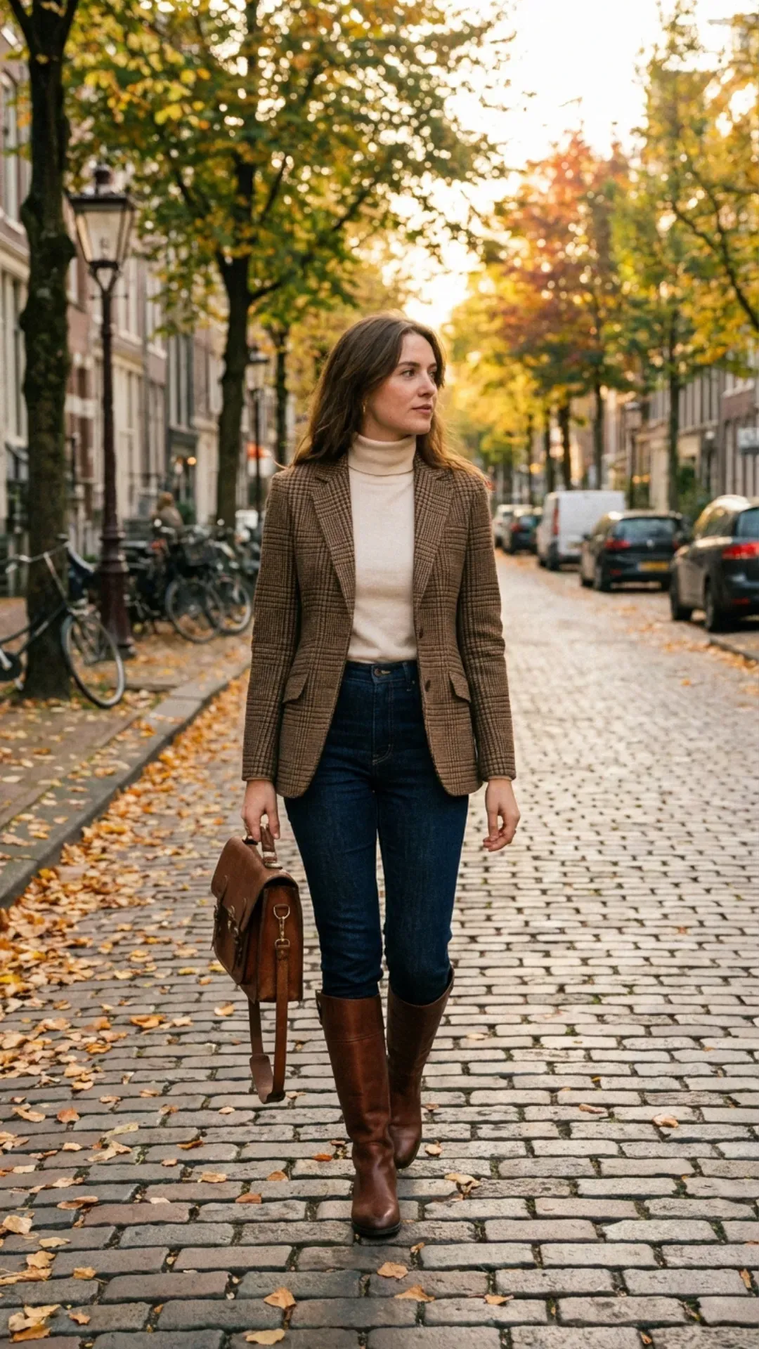 Plaid blazer and equestrian boots for a sophisticated autumn outfit.