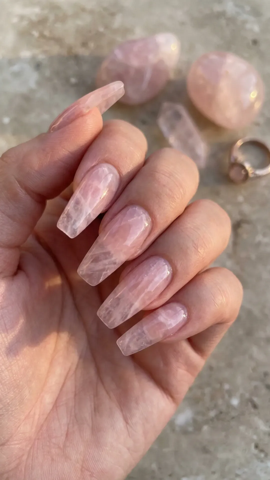 Sheer pink and white rose quartz marble nail art VANSWEG.COM
