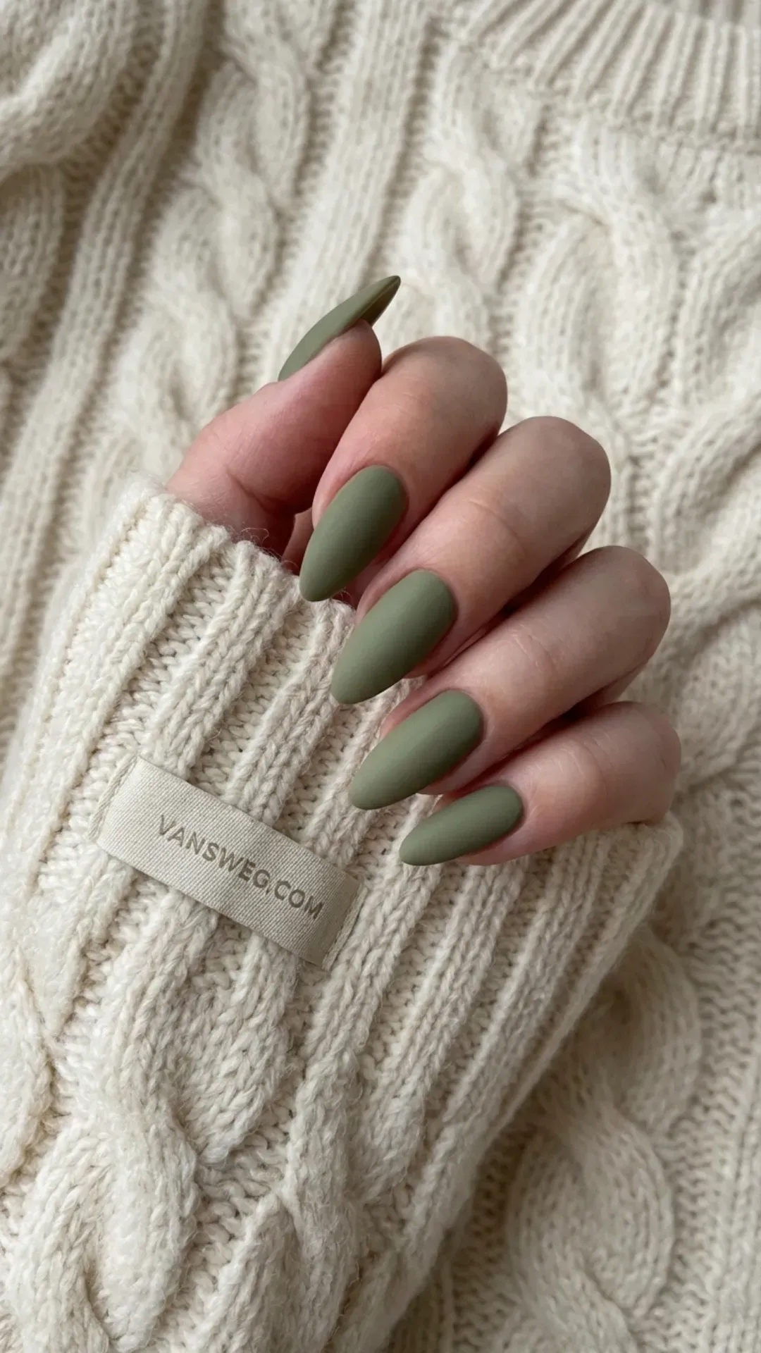 Elegant matte olive green nails on an almond shape VANSWEG.COM