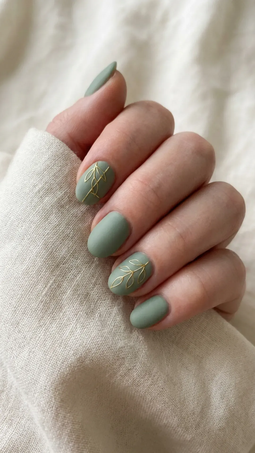 Short oval sage green minimalist prom nails with matte finish, clean elegant manicure
