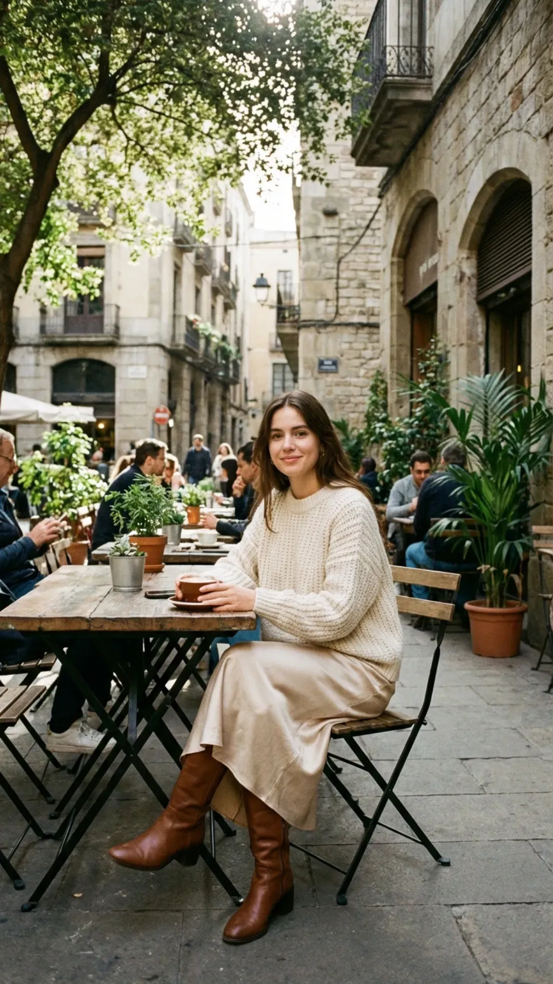 Champagne silk slip dress paired with a cream chunky knit sweater for a cute everyday outfit.