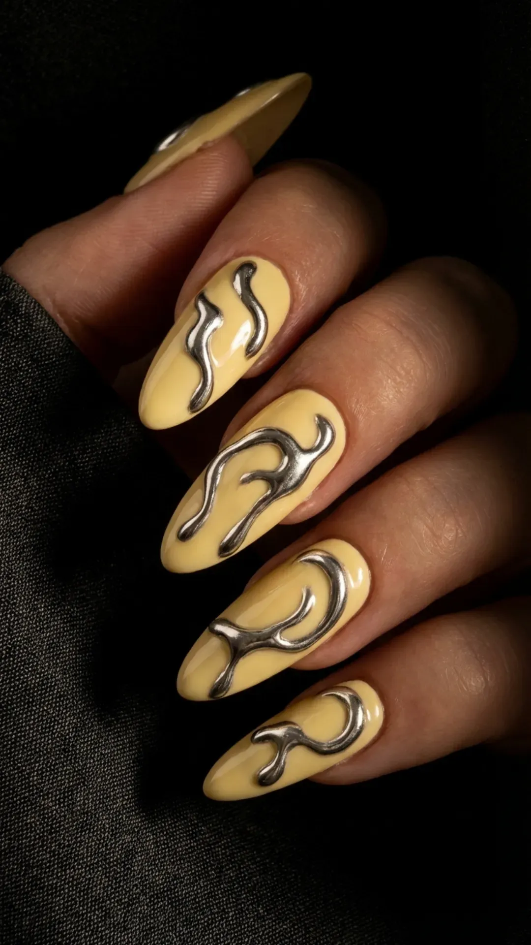 Butter yellow base nails with 3D silver chrome molten details VANSWEG.COM