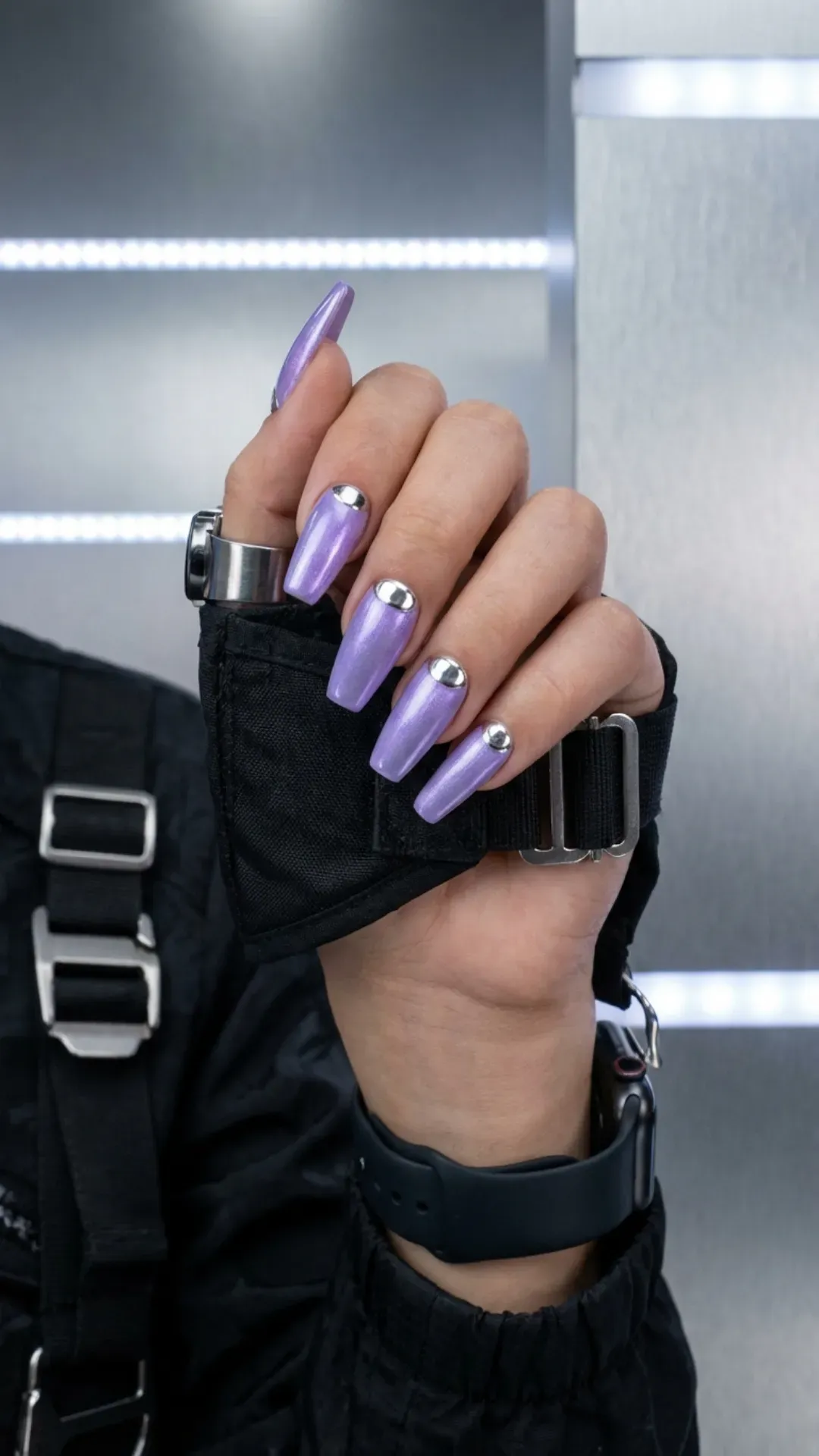 Iridescent digital lavender half-moon cutout manicure with silver VANSWEG.COM