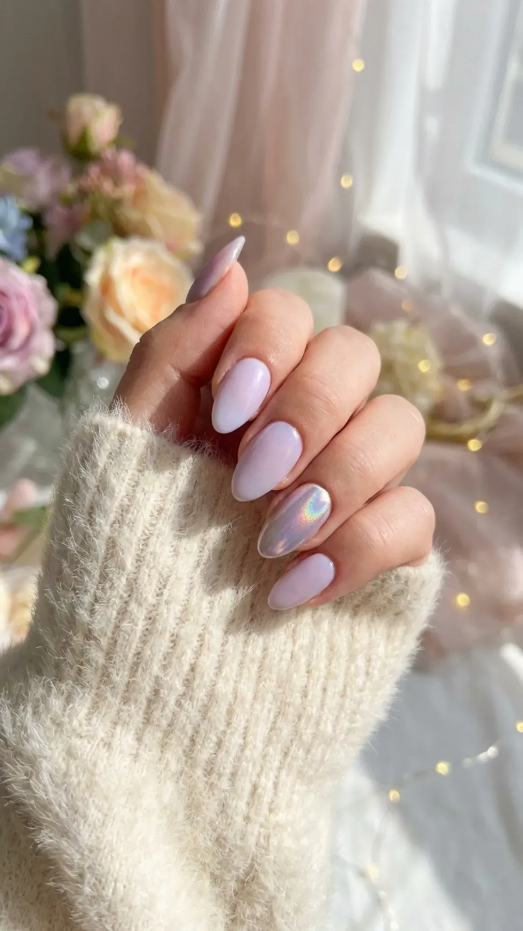 Soft lavender chrome prom nails, almond shape dreamy manicure