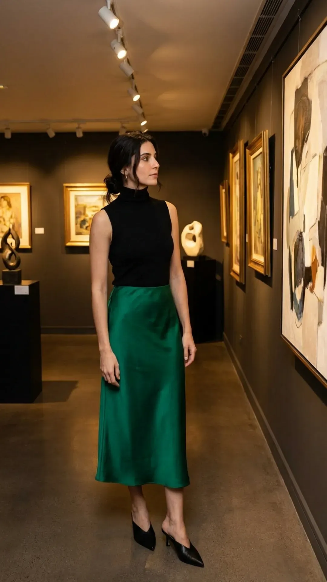 Sleeveless turtleneck and silk midi skirt for a sleek evening outfit