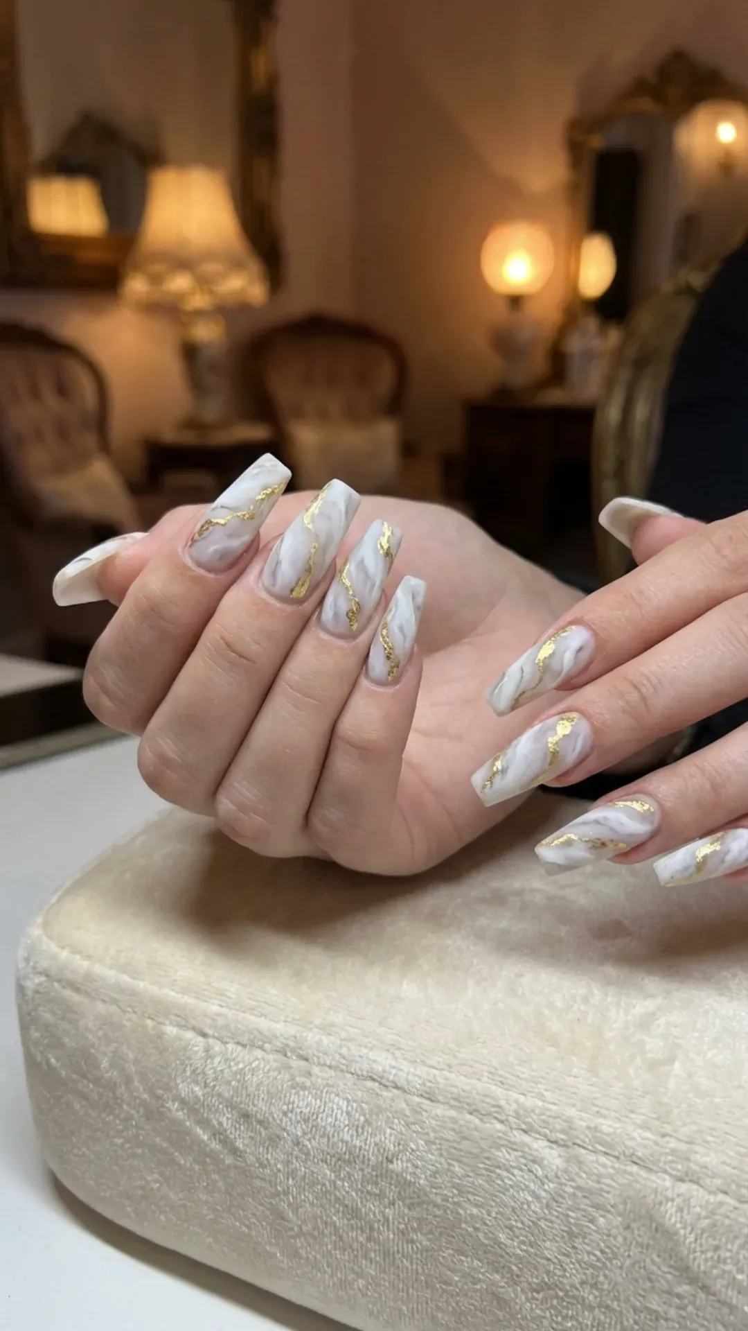 luxurious white and grey marble nails with gold leaf veins by VANSWEG.COM