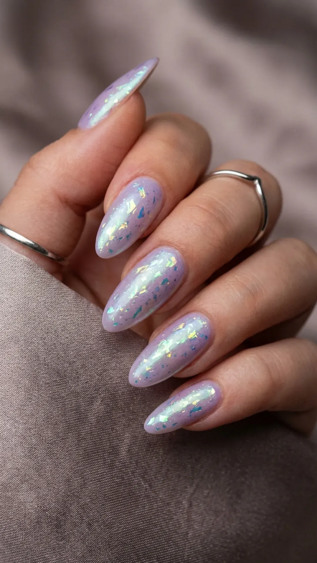 Digital lavender jelly nails encapsulating iridescent mylar opal flakes VANSWEG.COM