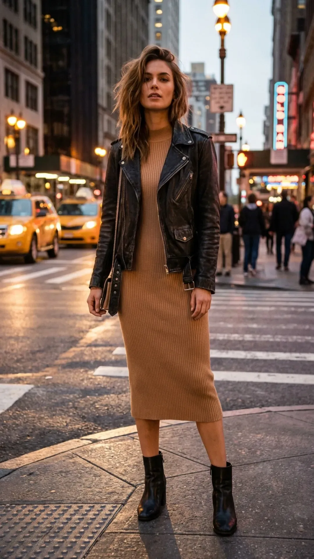 Ribbed knit midi dress and black moto jacket for a stylish outfit