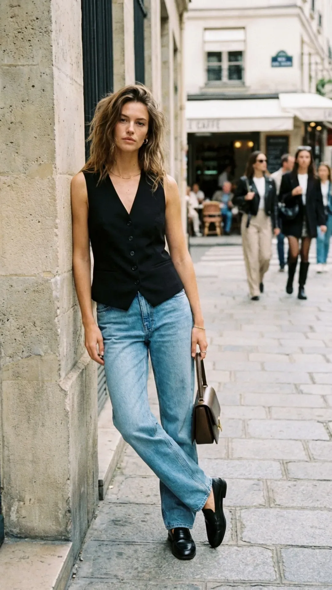 Tailored black vest and relaxed denim for a chic casual outfit idea.