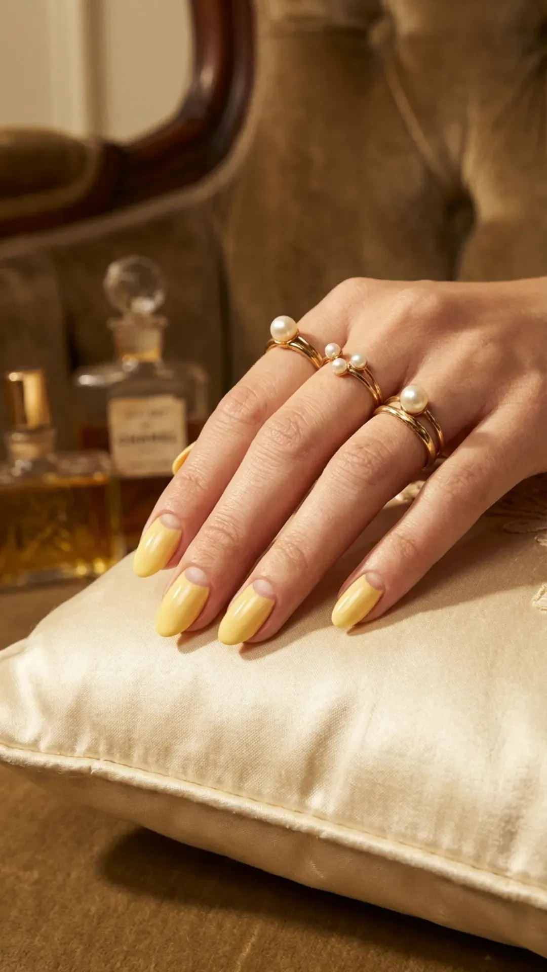 Vintage-inspired butter yellow half-moon cutout manicure VANSWEG.COM