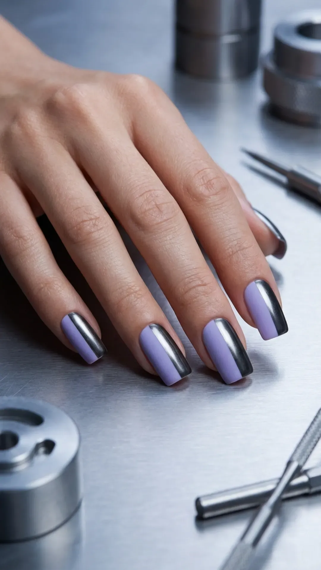 Sharp colorblock nails featuring digital lavender and industrial gunmetal VANSWEG.COM