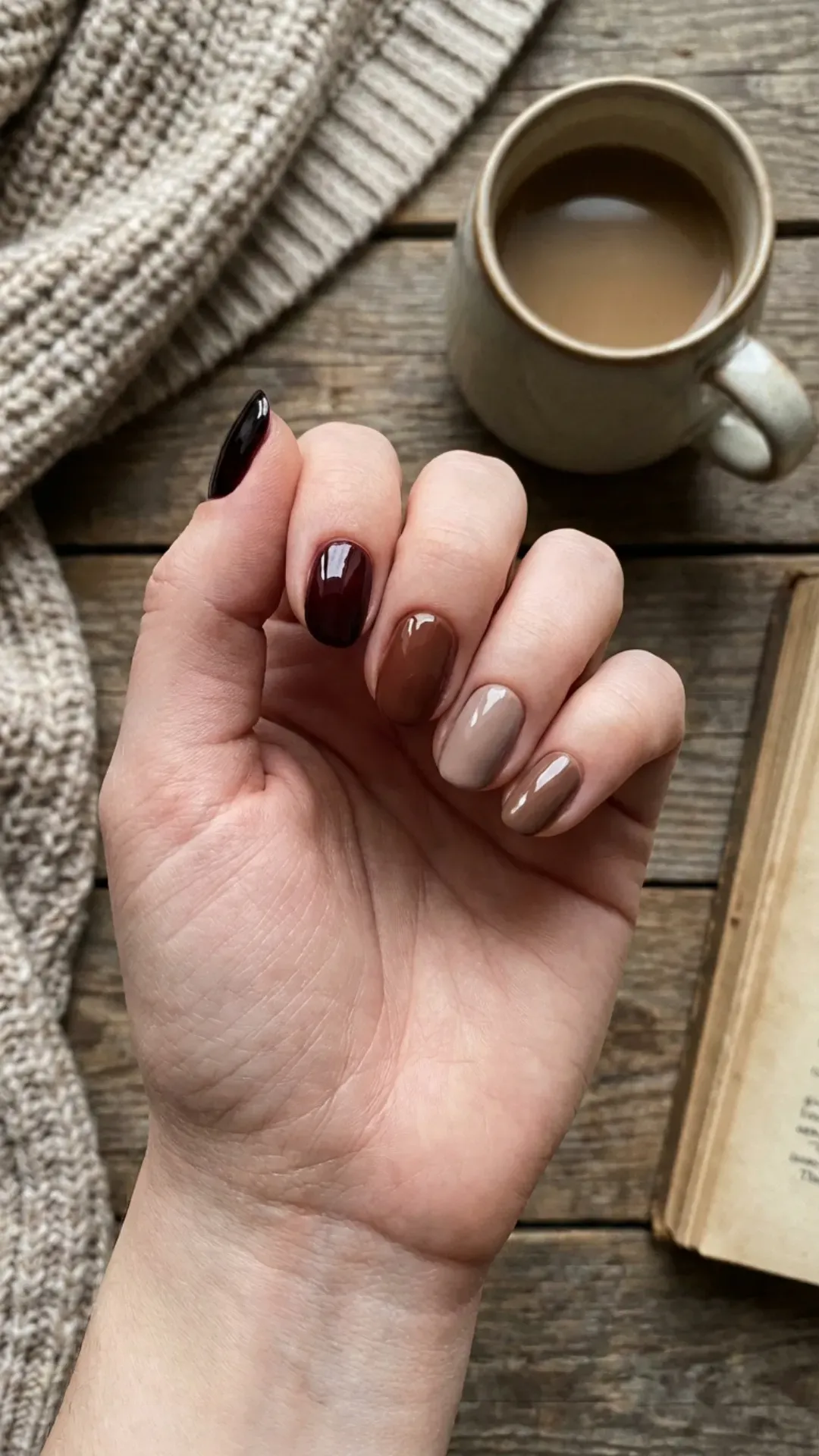 Gradient manicure from black cherry to light mocha brown VANSWEG.COM