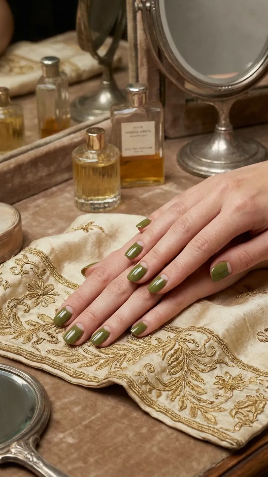 Vintage-inspired olive green half-moon cutout manicure VANSWEG.COM