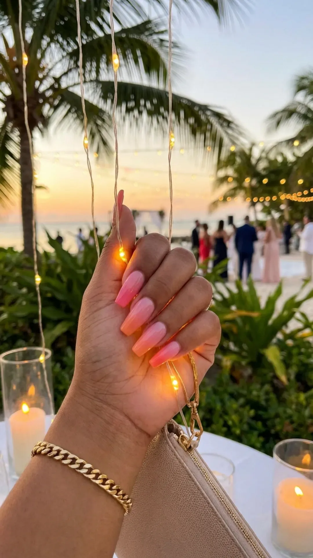 Pink to orange ombre prom nails, sunset gradient manicure