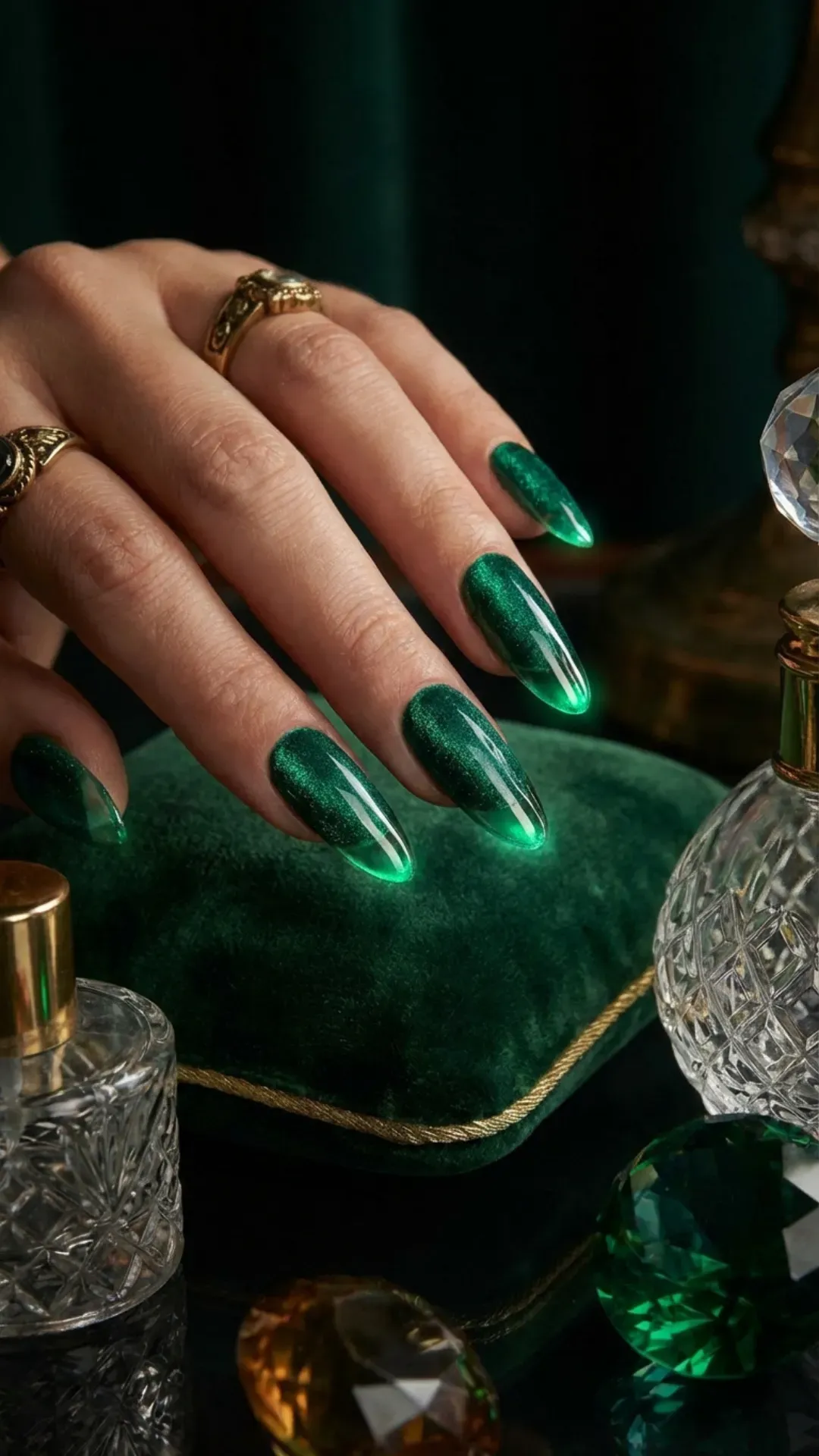 Almond velvet emerald green nails with glowing glass effect and glossy shine