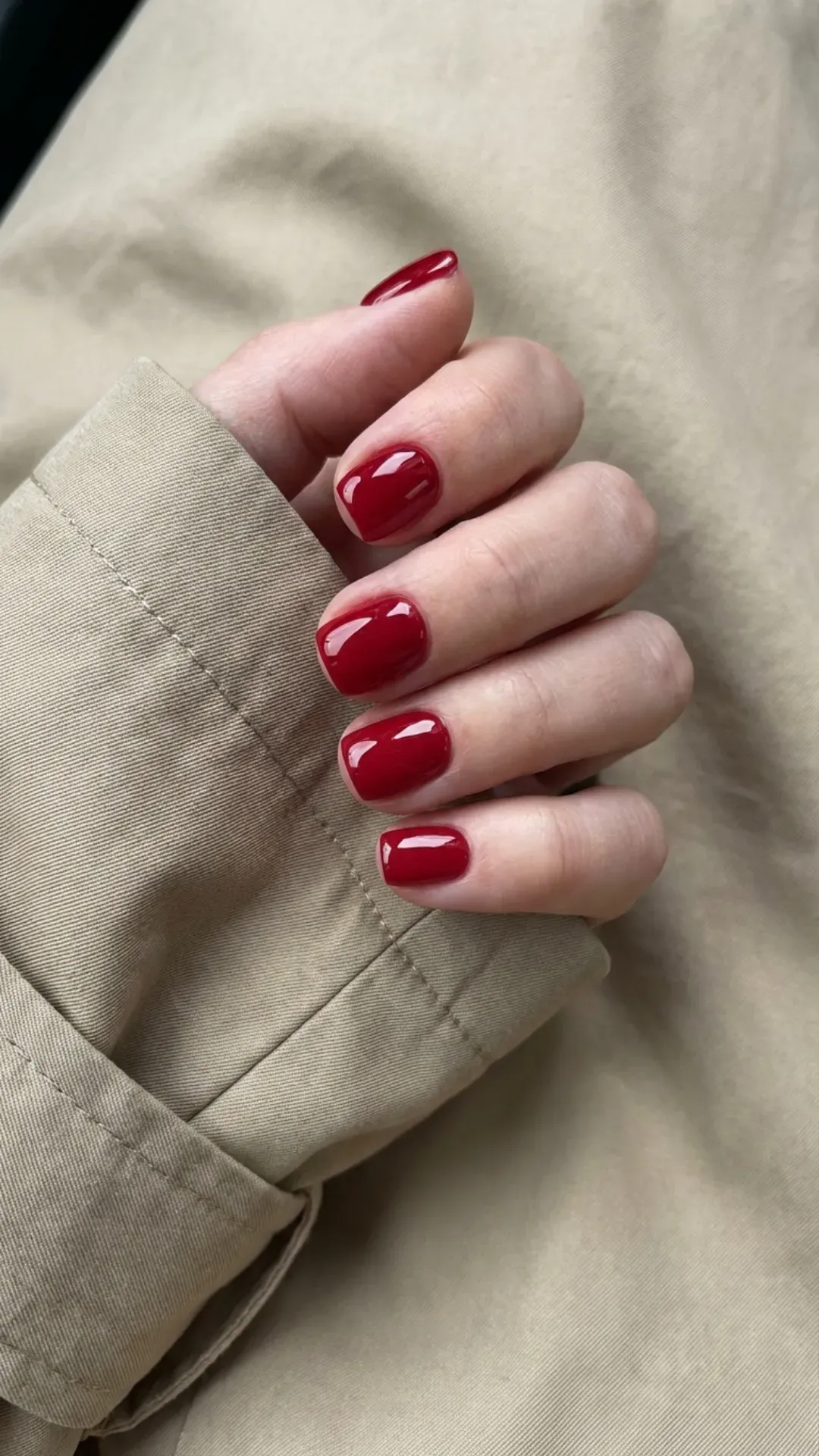 Glossy bright cherry red polish on short square nails VANSWEG.COM