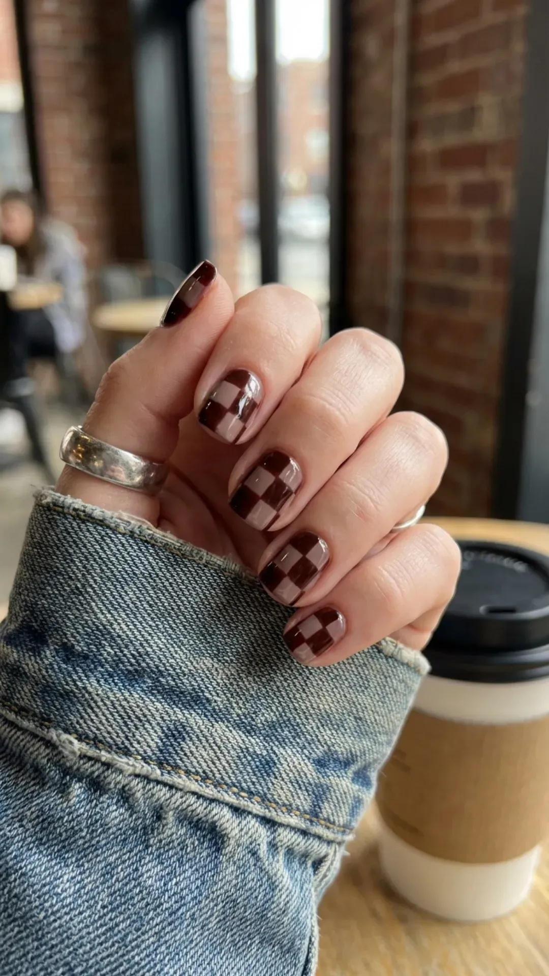 Trendy deep cherry mocha and taupe checkerboard nail art VANSWEG.COM