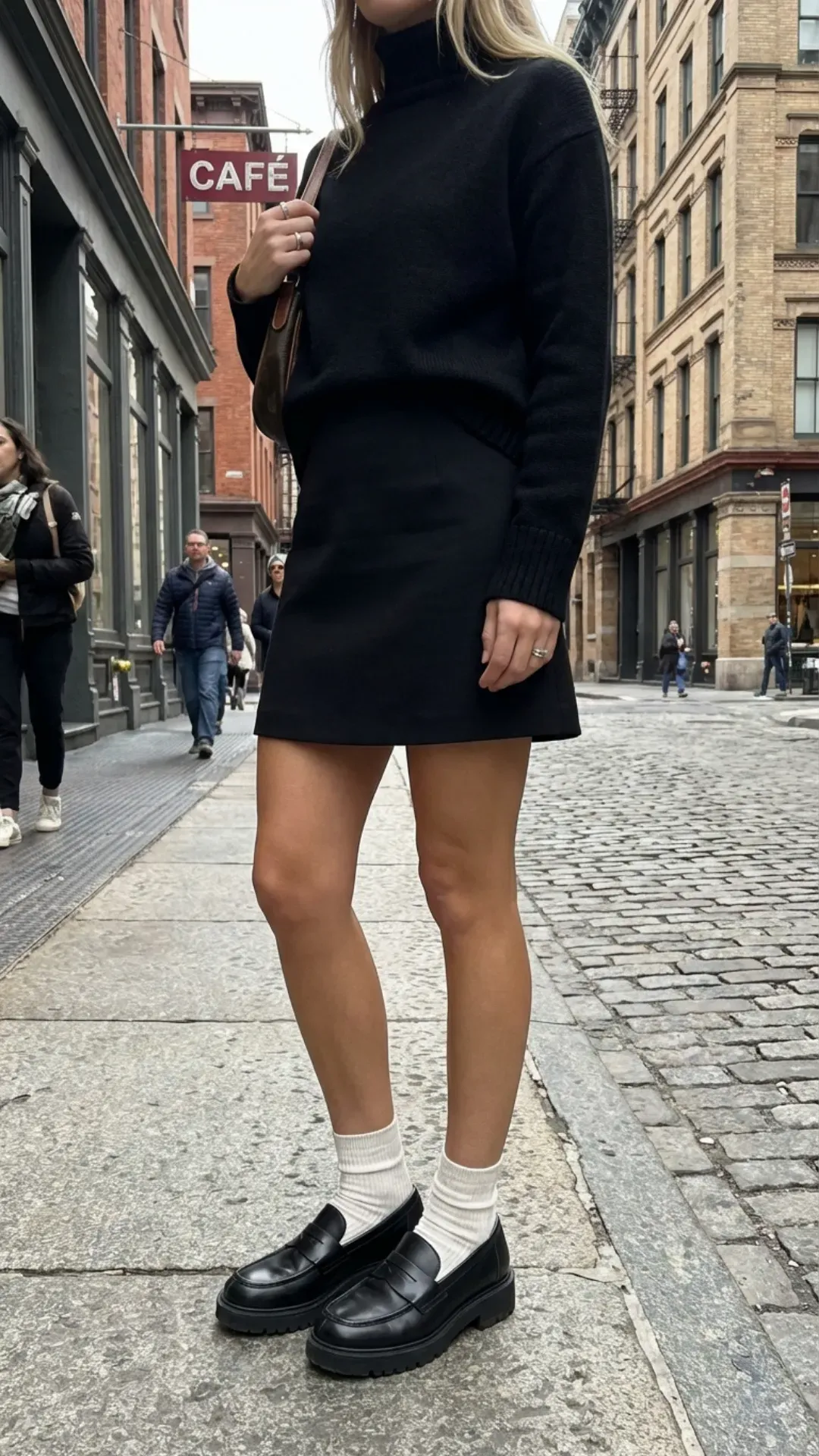 Chunky loafers styled with white ankle socks and a mini skirt for a trendy outfit.