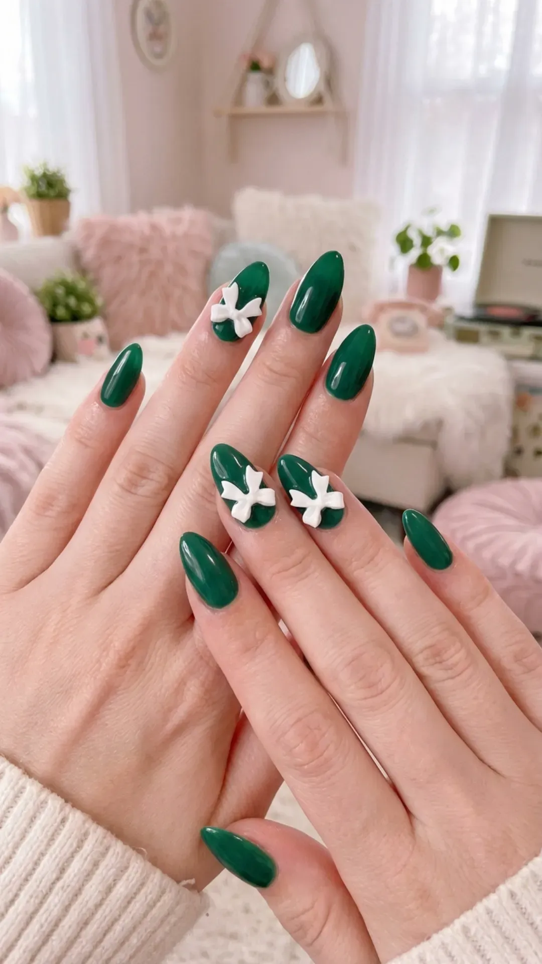 Glossy emerald almond nails with 3D white bow accents on accent nails