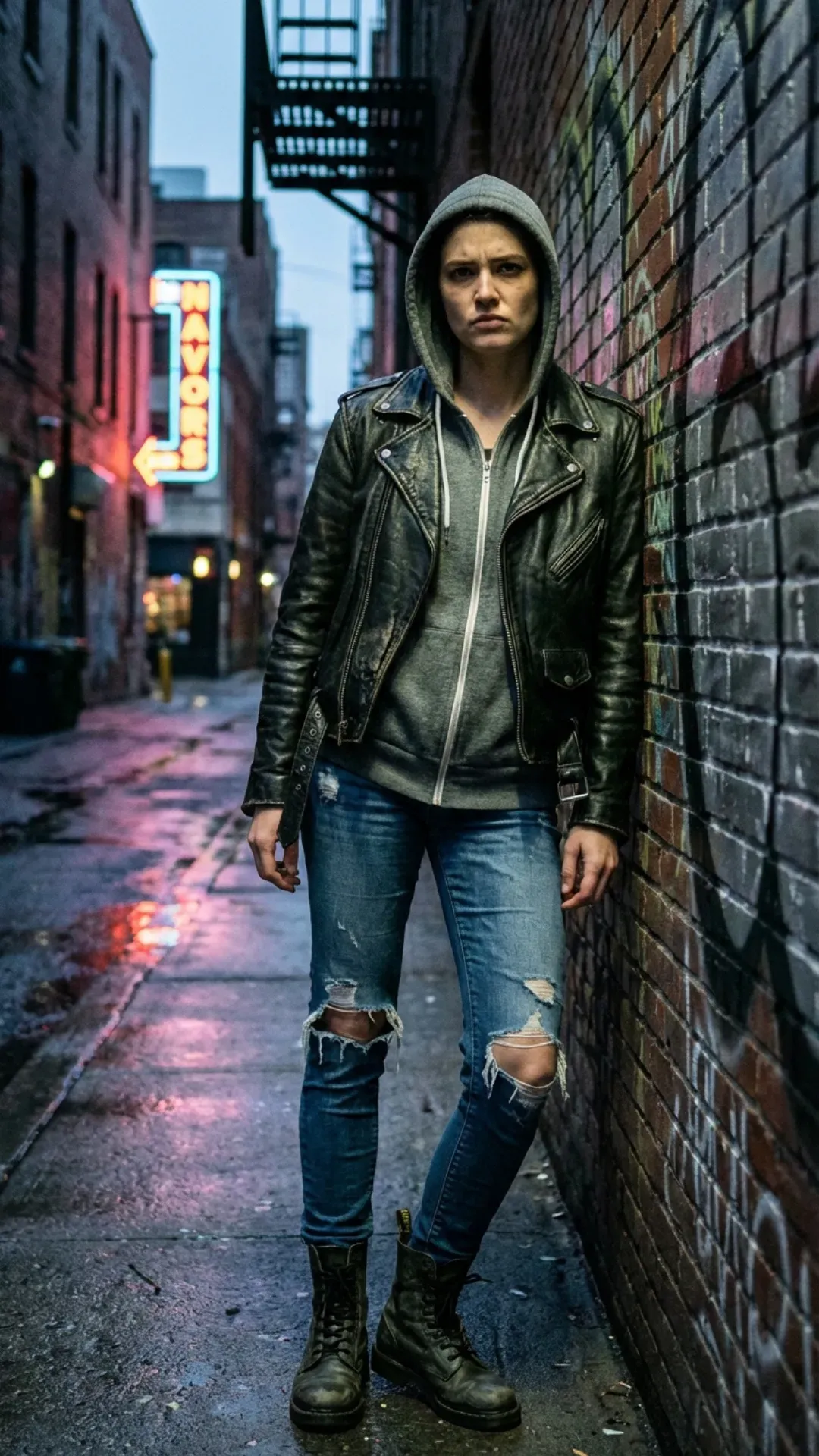 Leather moto jacket layered over a grey hoodie for a cool casual look.