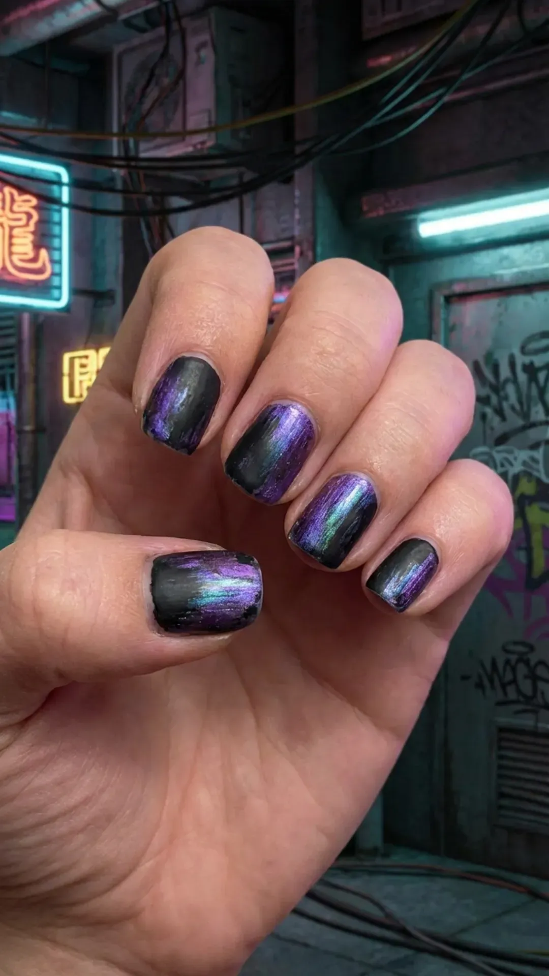 Edgy smudged black and digital lavender cyber grunge nail art VANSWEG.COM