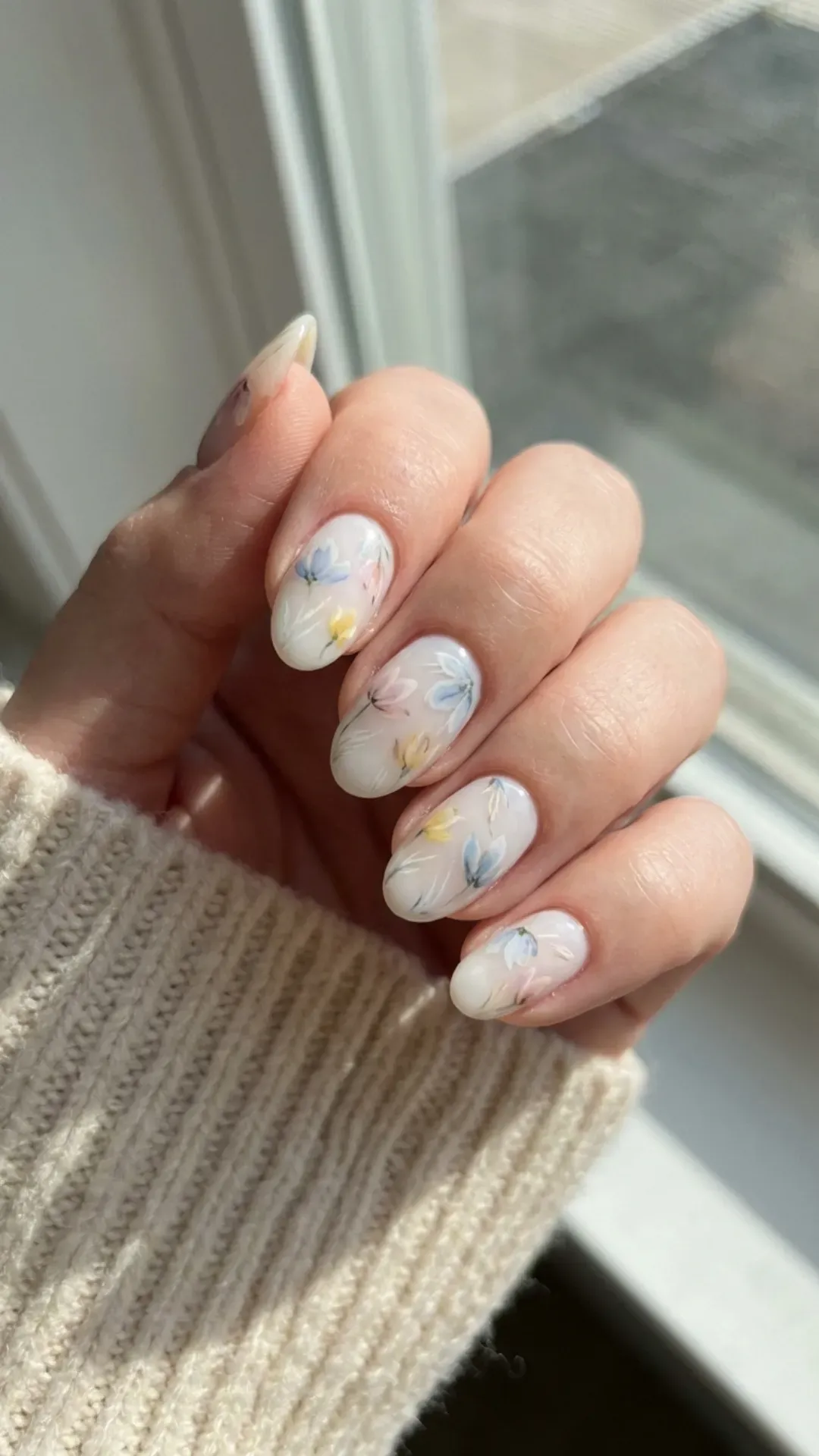milky white nails with soft pastel watercolor floral art by VANSWEG.COM