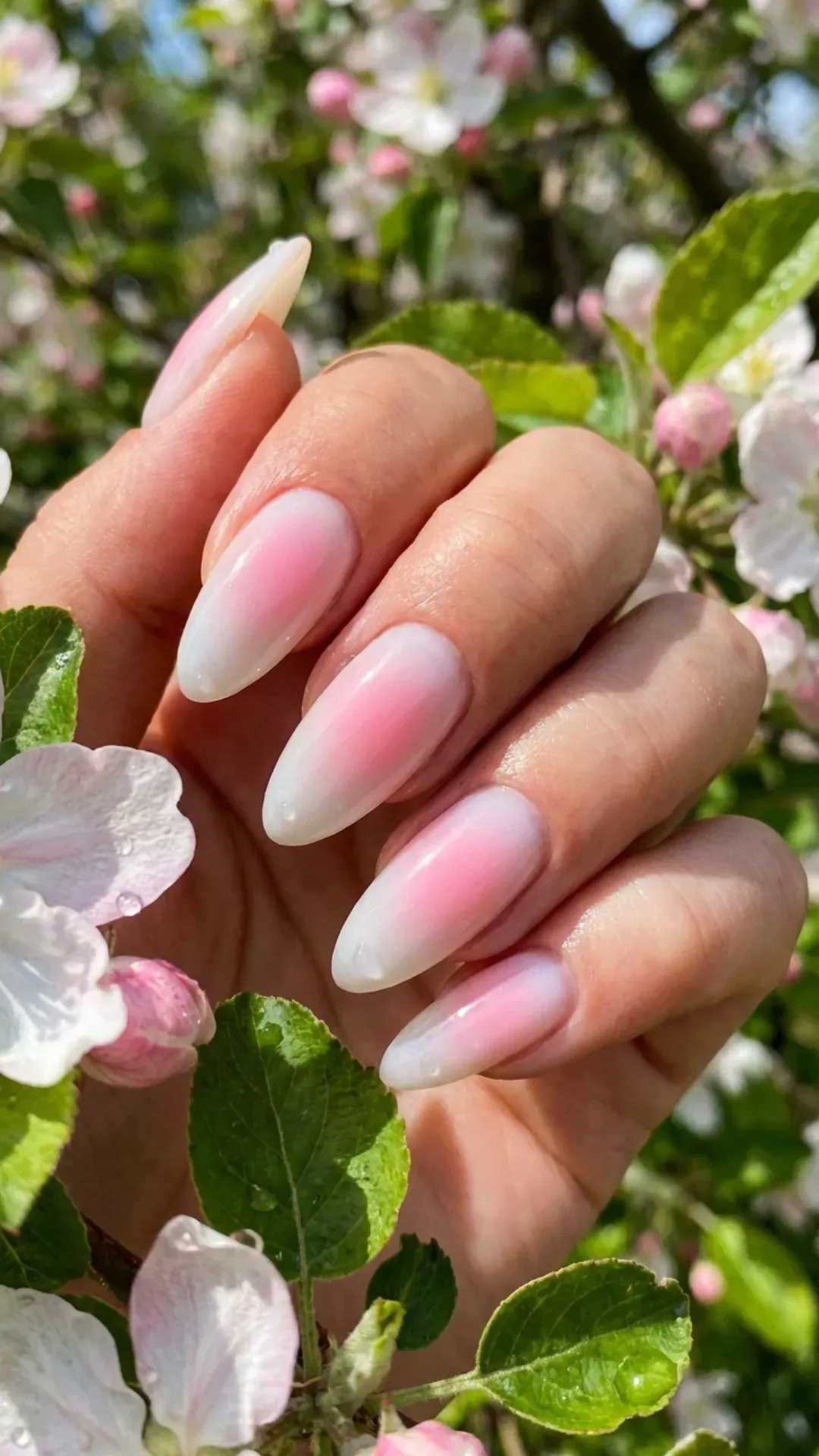 Milky white nails with a glowing pink airbrushed aura VANSWEG.COM