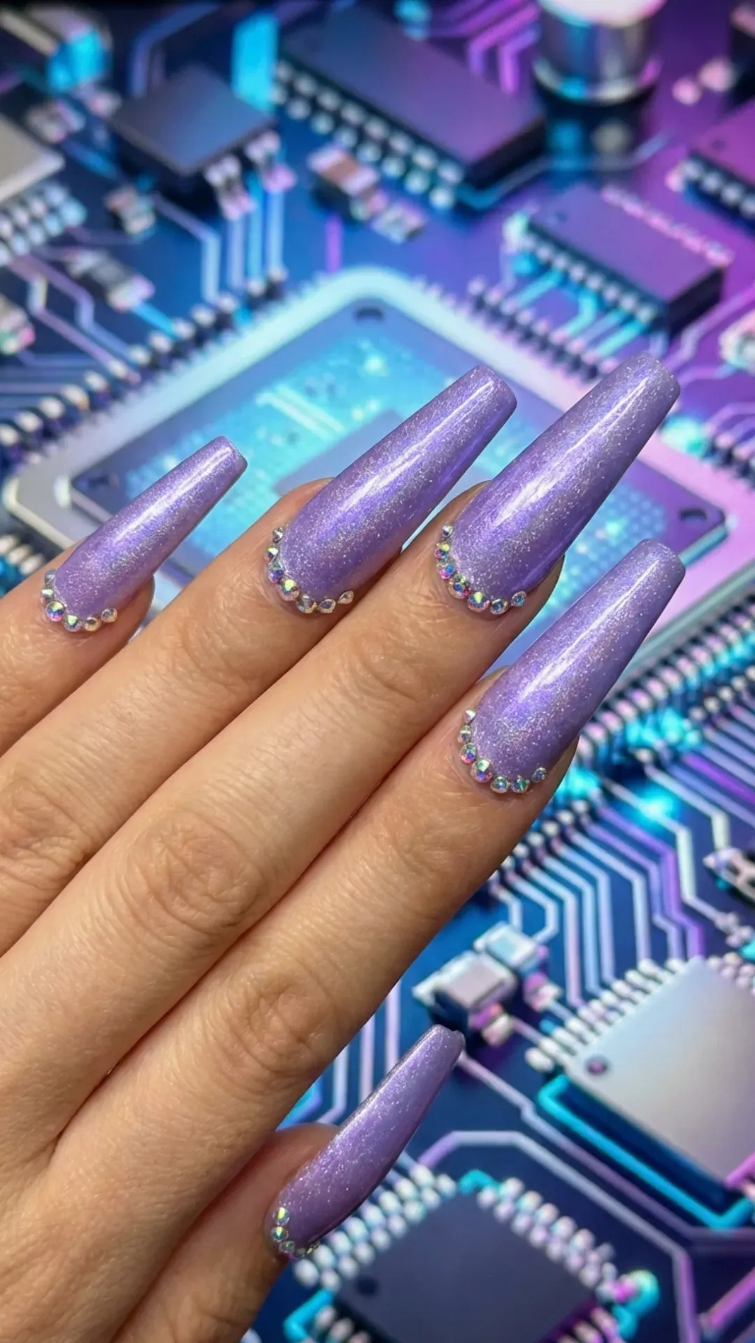 Long digital lavender coffin nails decorated with holographic cuticle rhinestones VANSWEG.COM