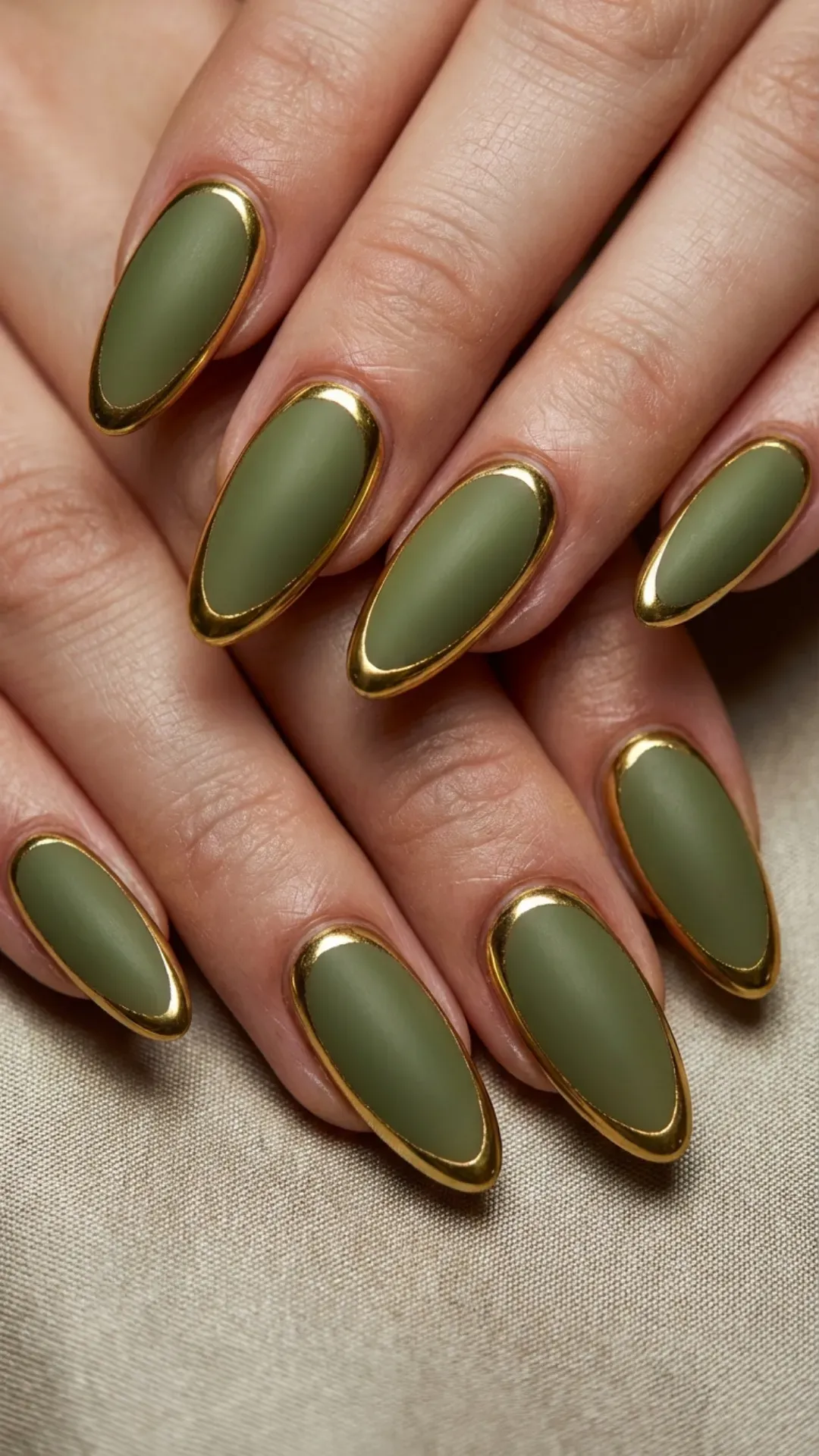 Matte olive green nails with a reflective gold chrome outline VANSWEG.COM