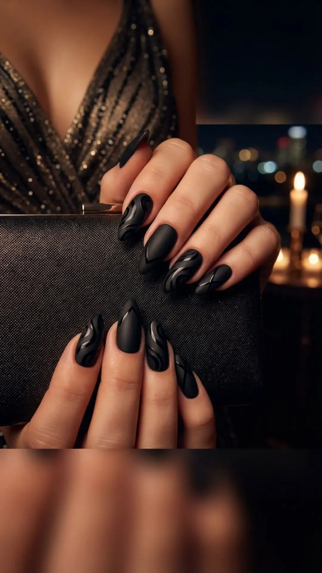 Matte black prom nails with subtle glossy patterns, edgy manicure