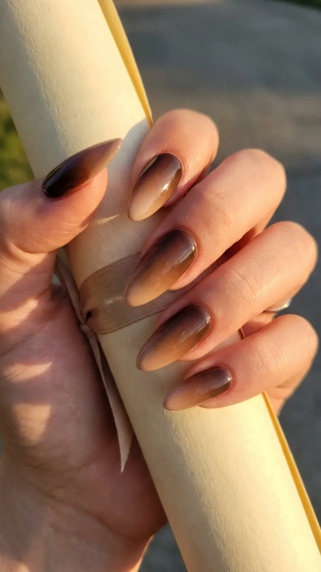 coffee-toned brown gradient almond nails by VANSWEG.COM