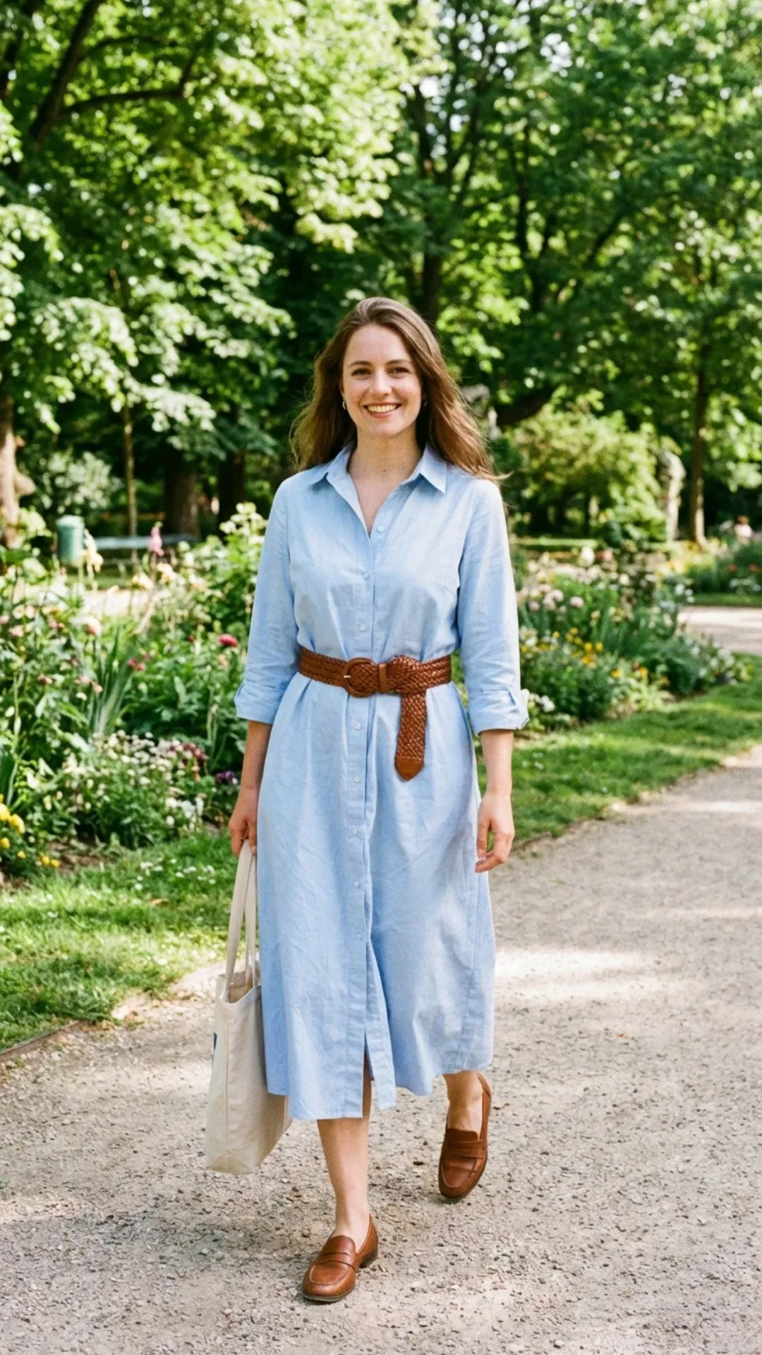 Light blue poplin shirt dress with a woven belt for a classy daytime outfit