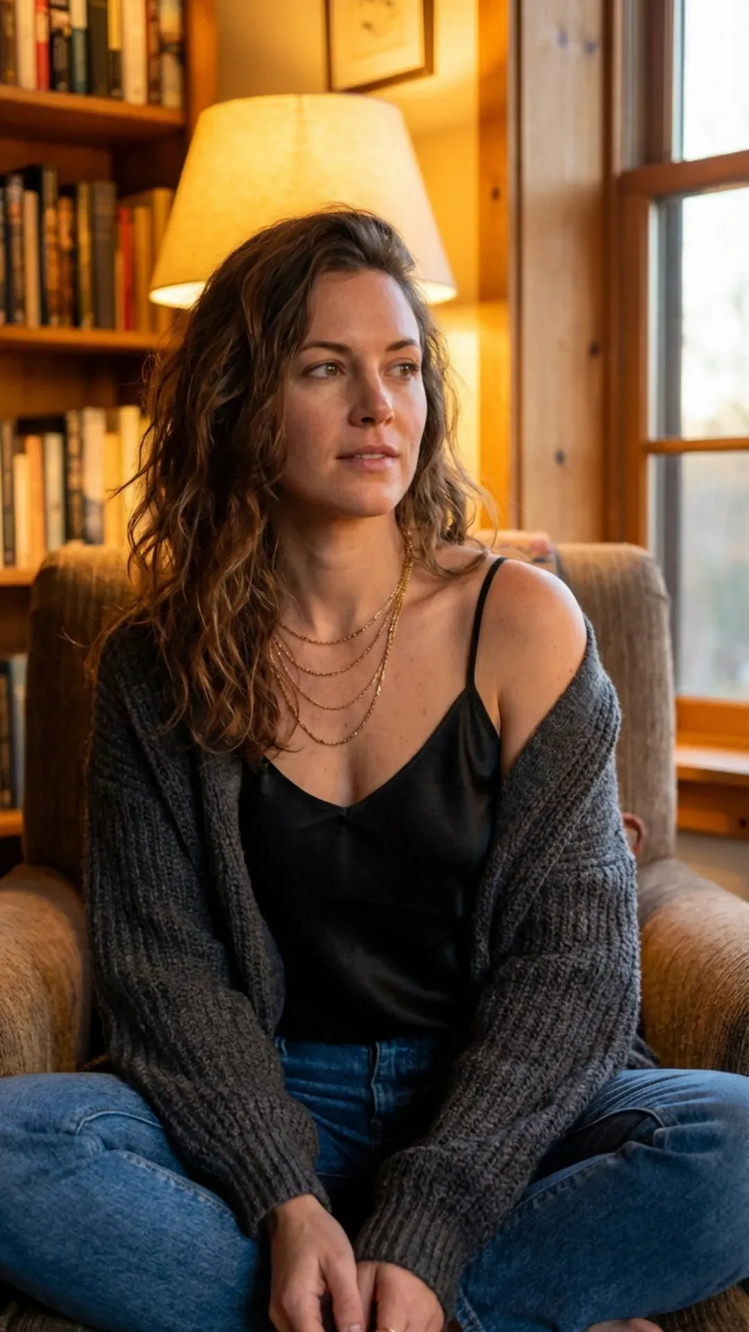 Silk cami and slouchy cardigan for a romantic casual outfit.