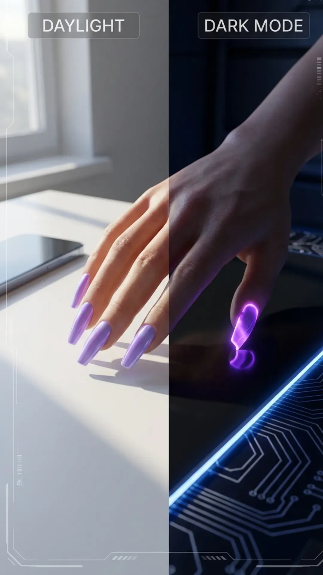 Digital lavender nails that transition to a glowing neon purple VANSWEG.COM
