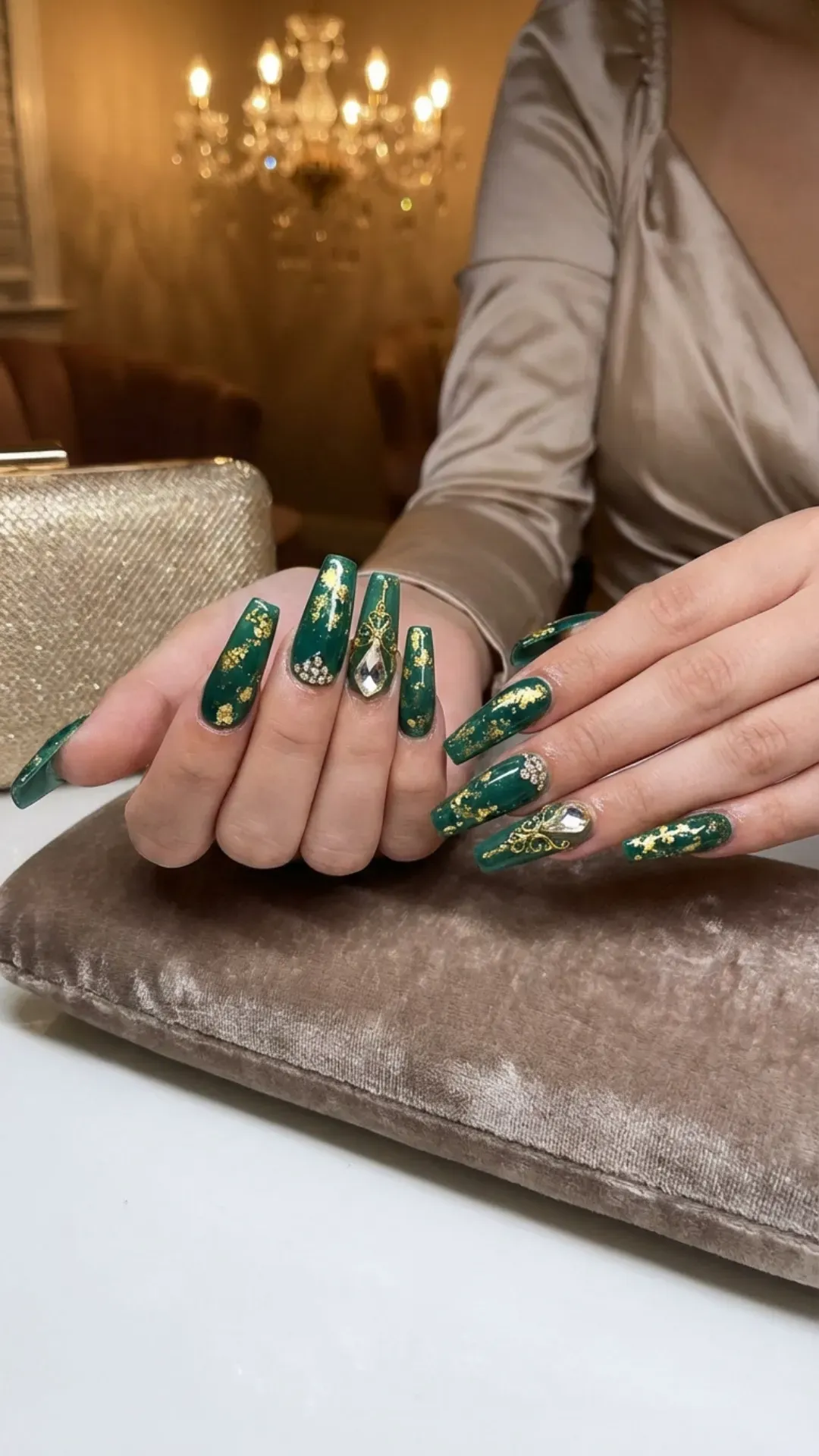 Deep emerald coffin nails with gold foil and large jewel embellishments