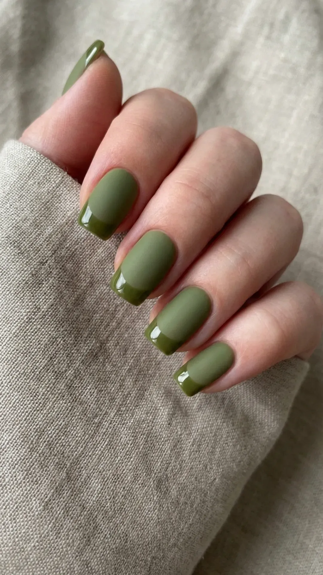 Matte olive green nails with matching glossy French tips VANSWEG.COM