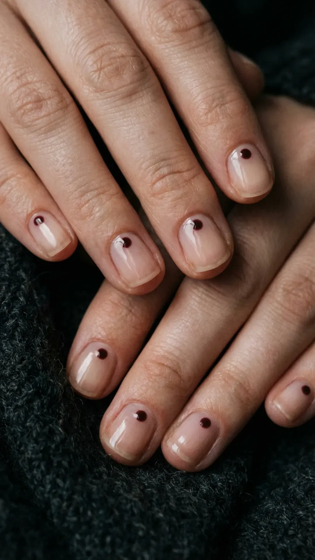 Sheer nails with a single minimalist deep cherry mocha dot VANSWEG.COM