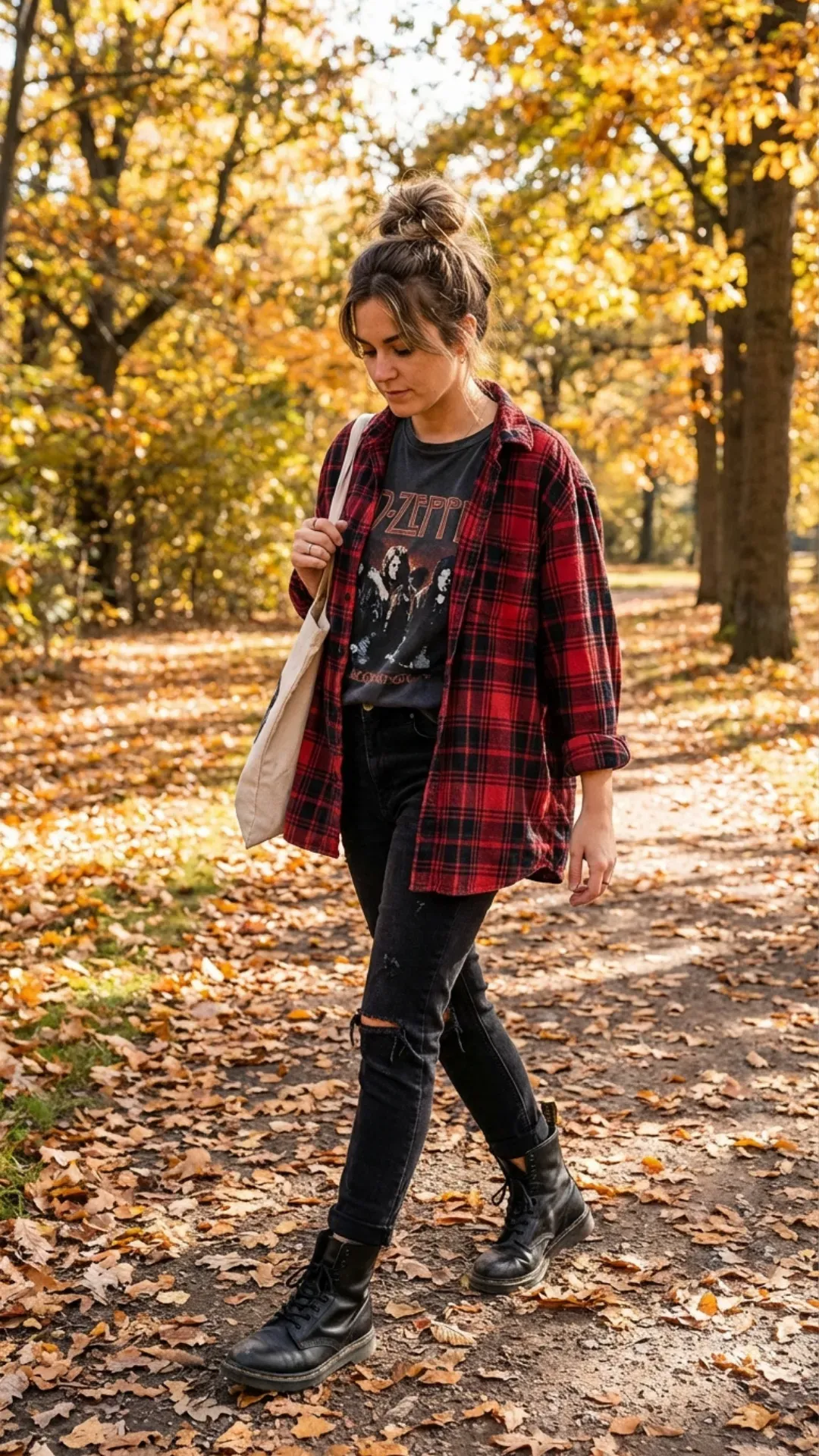 Flannel shirt and graphic tee for a relaxed casual outfit.