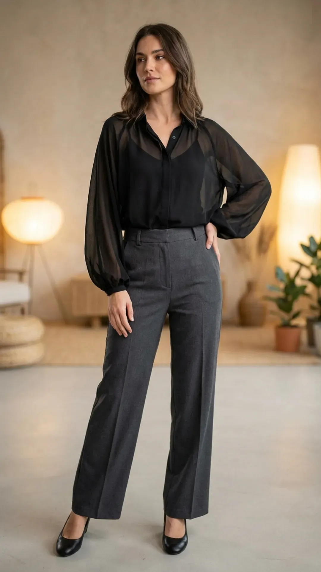 Black chiffon blouse and high-waisted grey trousers for a chic outfit