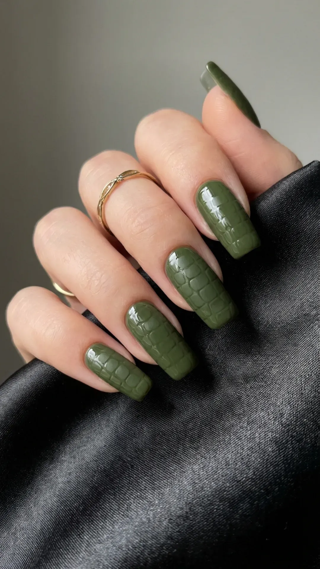 Olive green nails with subtle crocodile print texture VANSWEG.COM